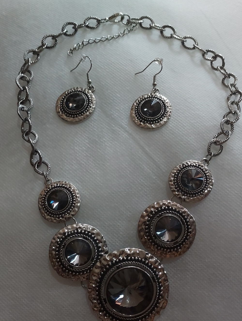 Silver-Tone Gray Crystal Statement Necklace & Earrings Set